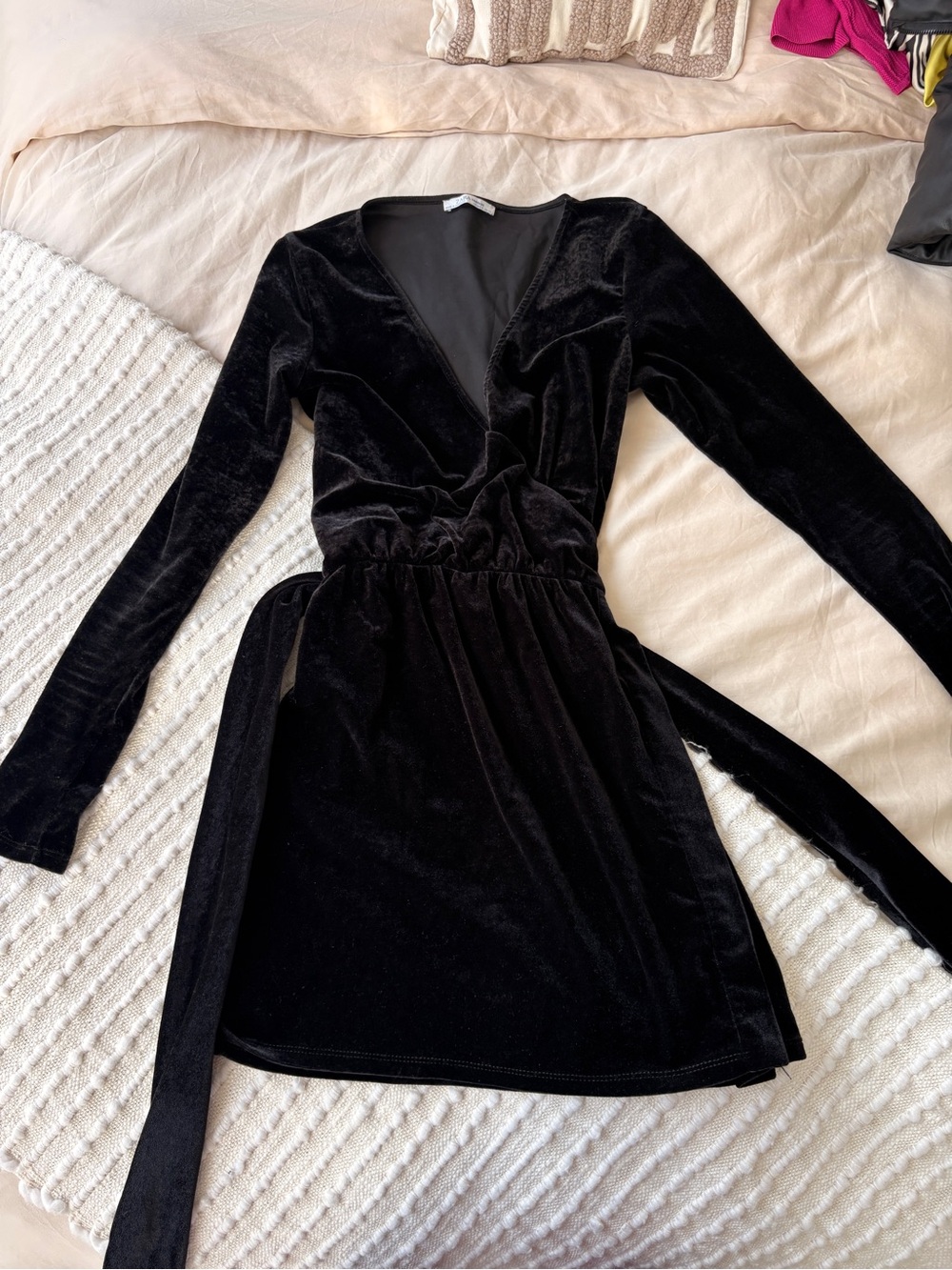 Zara Black Velvet Long-Sleeve Wrap Dress